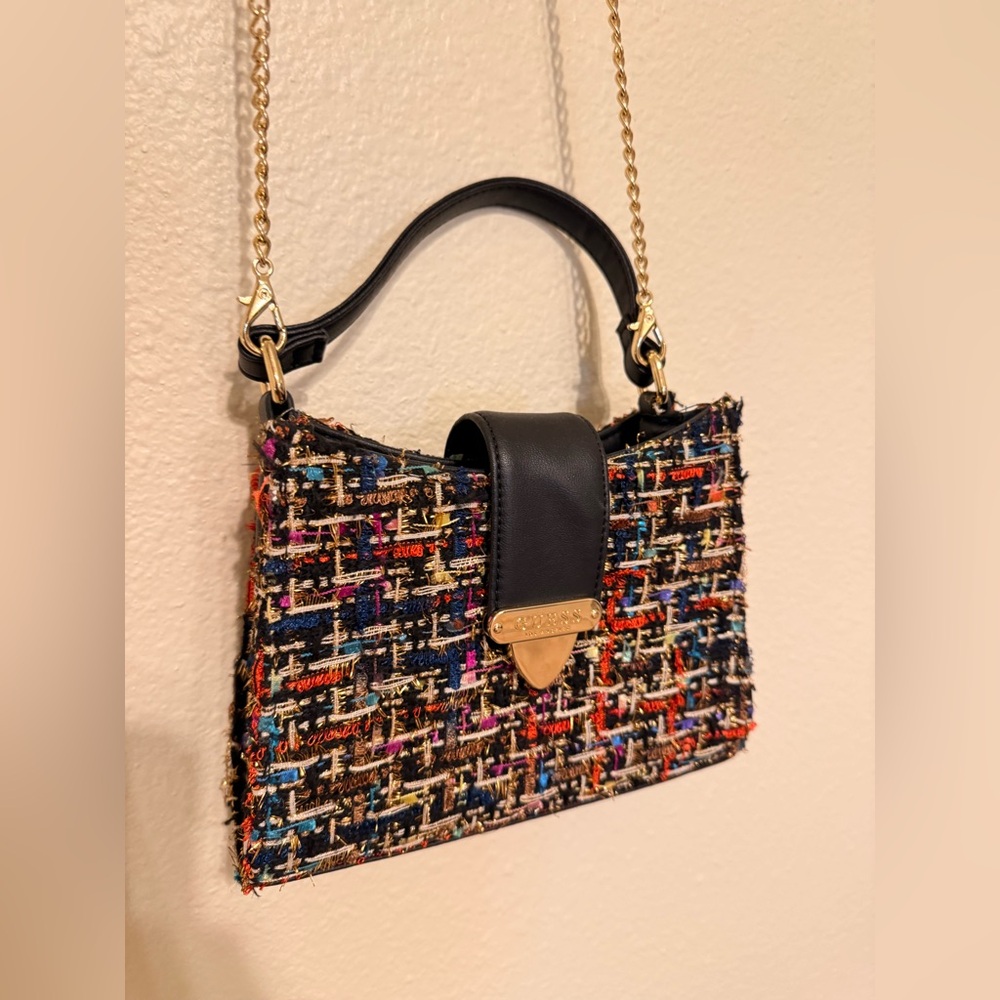Guess Multicolor Tweed Shoulder Bag with Black and Gold Accents